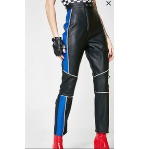 Missguided Black Blue Faux Leather Pants Color Block Goth Moto Edgy Leggings